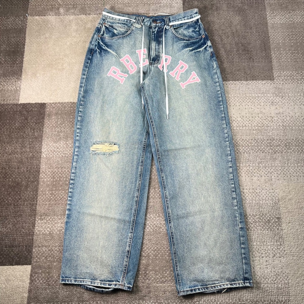 Raspberry Mens Baggy Distressed Graphic Jeans Blue Size M Y2K Streetwear Skater